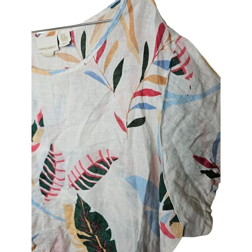 Cynthia Rowley Plus 3X Linen Blouse Top White Floral Leaf Print Tunic - Picture 4 of 8